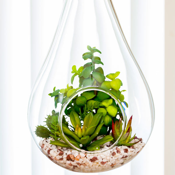 Restaurantware Plastic Table Art Faux Succulent Arrangement - Hanging Glass Terrarium Knotted Hemp Rope - 7 3/4" X 7 3/4" X 12 1/2" - 1 Count Box