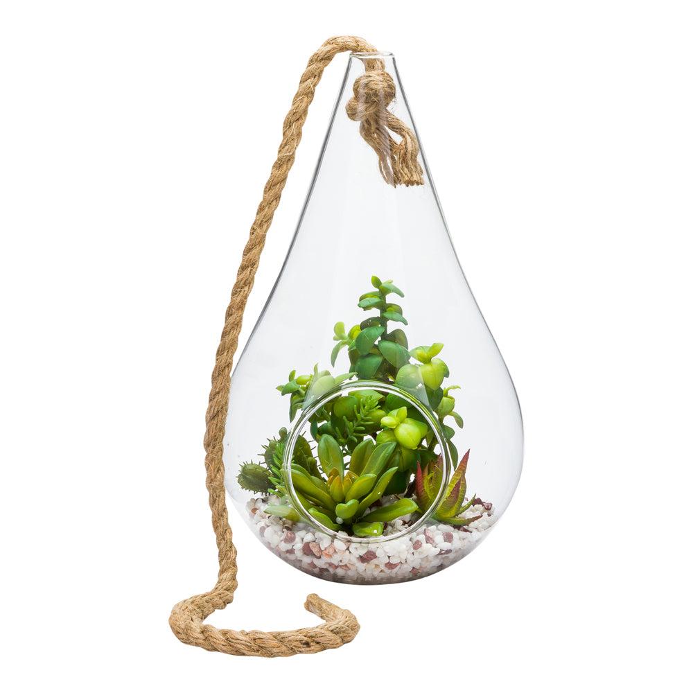 restaurantware Plastic Table Art Faux Succulent Arrangement - Hanging Glass Terrarium Knotted Hemp Rope - 7 3/4" x 7 3/4" x 12 1/2" - 1 count box