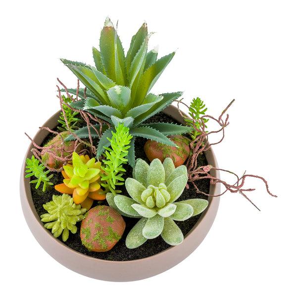 Restaurantware Plastic Table Art Faux Succulent Arrangement - Helio Porcelain Planter Taupe - 6" X 6" X 5 1/4" - 1 Count Box
