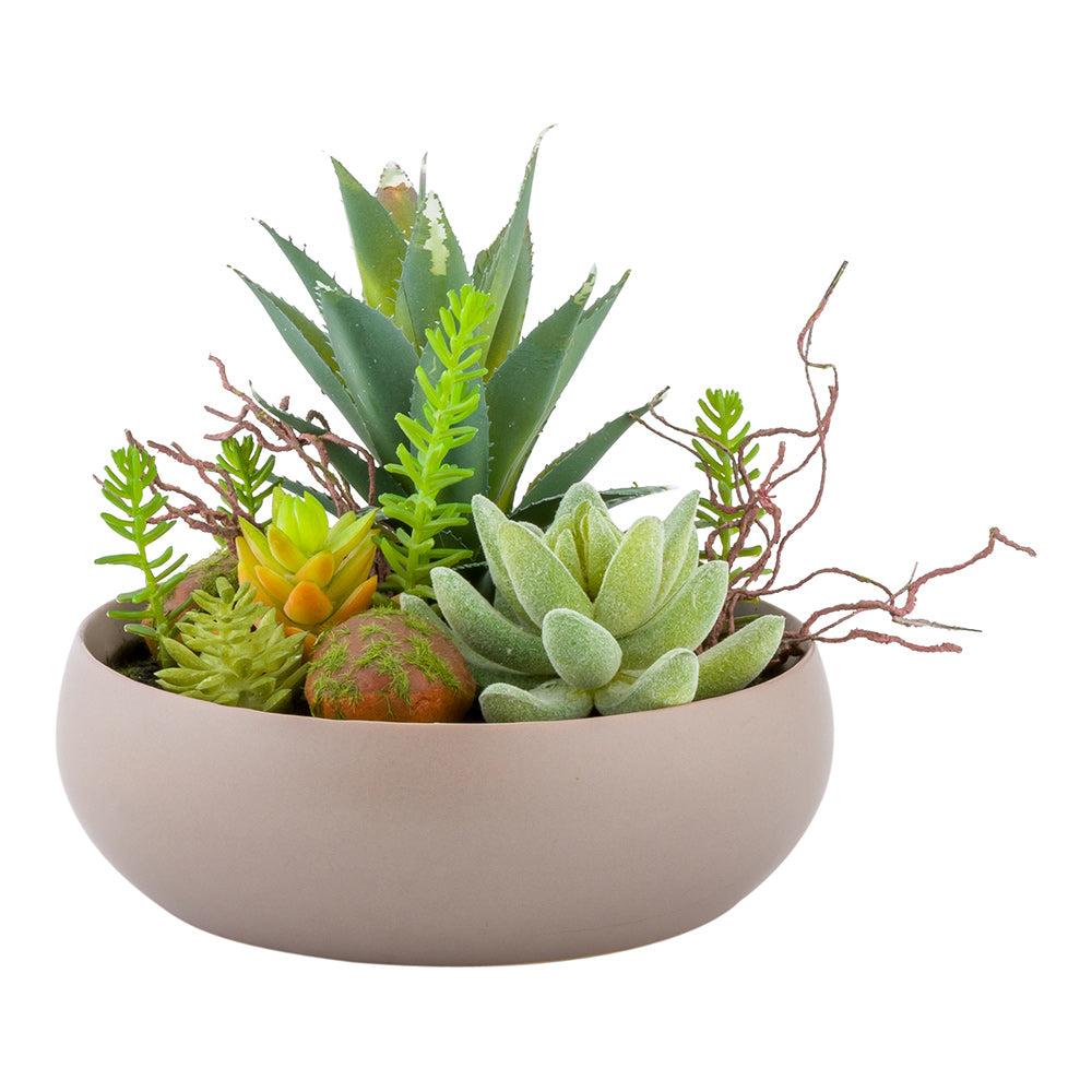 restaurantware Plastic Table Art Faux Succulent Arrangement - Helio Porcelain Planter Taupe - 6" x 6" x 5 1/4" - 1 count box