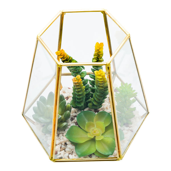 Restaurantware Plastic Table Art Faux Succulent Arrangement - Hexagonal Glass Terrarium Bronze - 7" X 6 1/2" X 8" - 1 Count Box