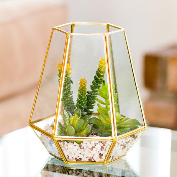 Restaurantware Plastic Table Art Faux Succulent Arrangement - Hexagonal Glass Terrarium Bronze - 7" X 6 1/2" X 8" - 1 Count Box
