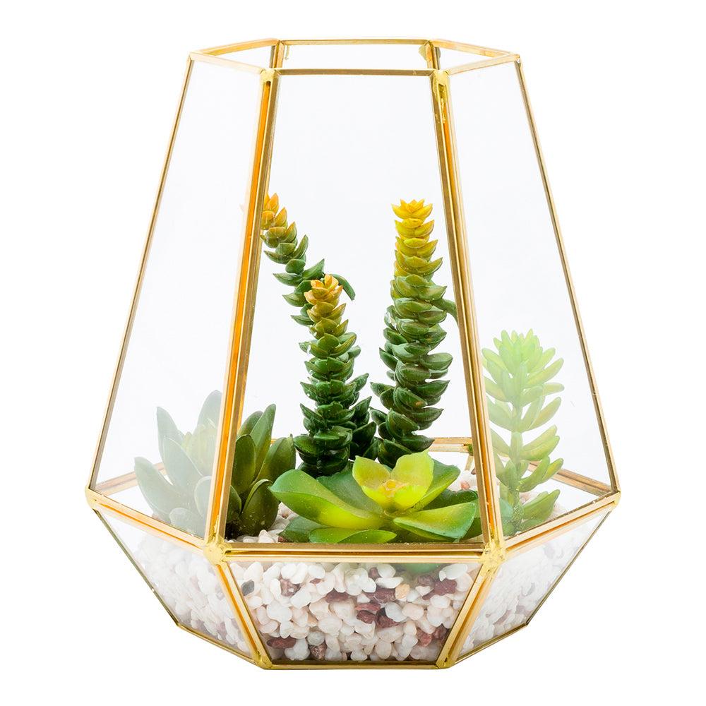 restaurantware Plastic Table Art Faux Succulent Arrangement - Hexagonal Glass Terrarium Bronze - 7" x 6 1/2" x 8" - 1 count box