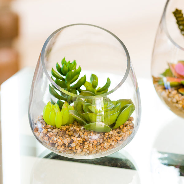 Restaurantware Plastic Table Art Faux Succulent Arrangement - Incline Edge Glass Terrarium - 4 3/4" X 4 3/4" X 5" - 1 Count Box