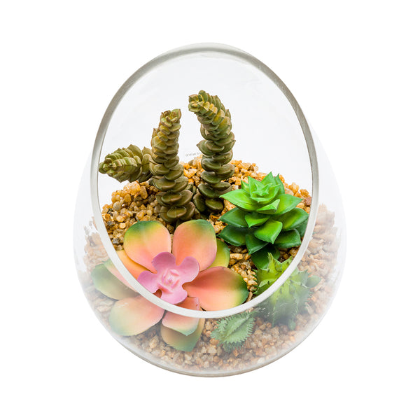 Restaurantware Plastic Table Art Faux Succulent Arrangement - Incline Edge Glass Terrarium - 6" X 6" X 7" - 1 Count Box