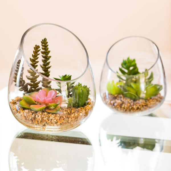 Restaurantware Plastic Table Art Faux Succulent Arrangement - Incline Edge Glass Terrarium - 6" X 6" X 7" - 1 Count Box