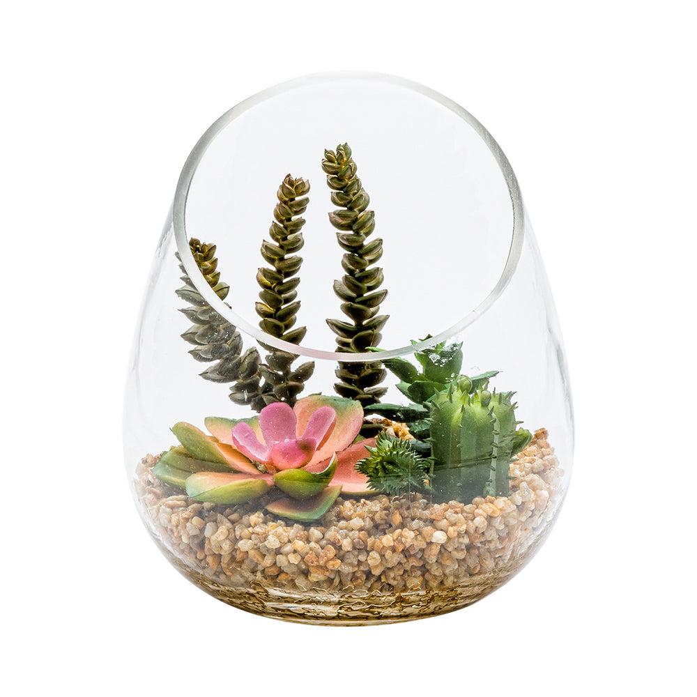 restaurantware Plastic Table Art Faux Succulent Arrangement - Incline Edge Glass Terrarium - 6" x 6" x 7" - 1 count box