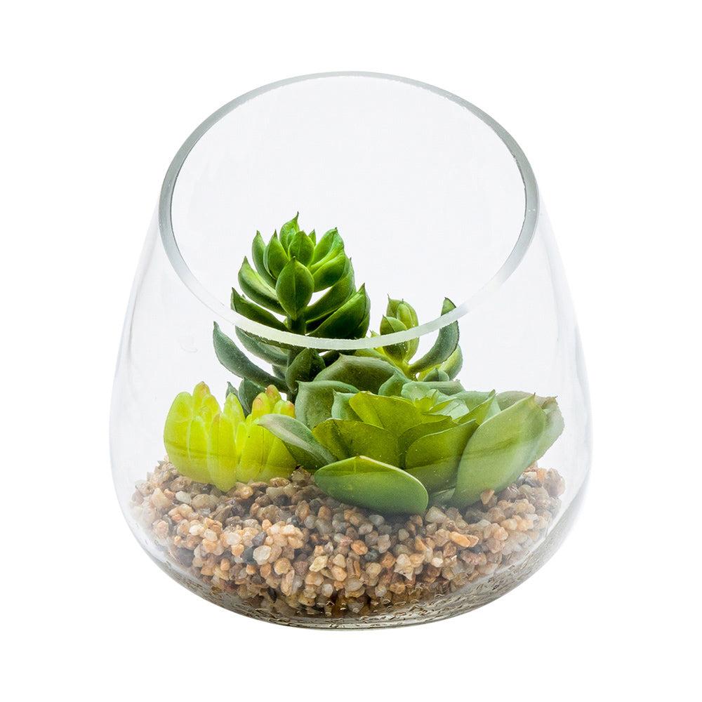 restaurantware Plastic Table Art Faux Succulent Arrangement - Incline Edge Glass Terrarium - 4 3/4" x 4 3/4" x 5" - 1 count box