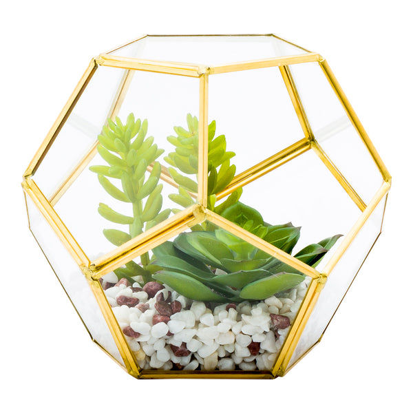 Restaurantware Plastic Table Art Faux Succulent Arrangement - Pentagon Glass Terrarium Gold - 6 3/4" X 6 1/4" X 6 1/4" - 1 Count Box
