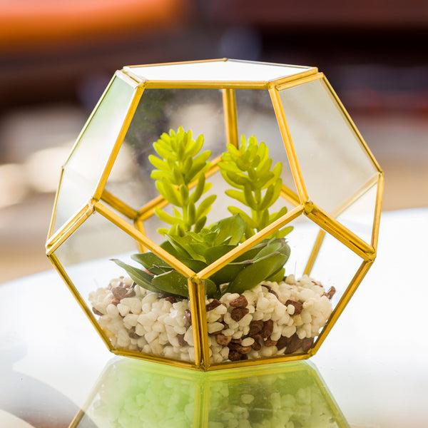 Restaurantware Plastic Table Art Faux Succulent Arrangement - Pentagon Glass Terrarium Gold - 6 3/4" X 6 1/4" X 6 1/4" - 1 Count Box