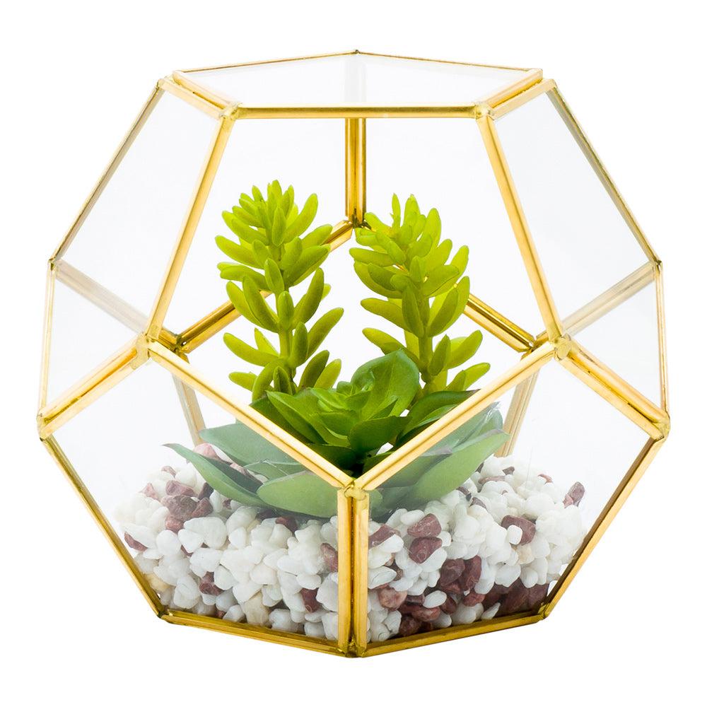 restaurantware Plastic Table Art Faux Succulent Arrangement - Pentagon Glass Terrarium Gold - 6 3/4" x 6 1/4" x 6 1/4" - 1 count box