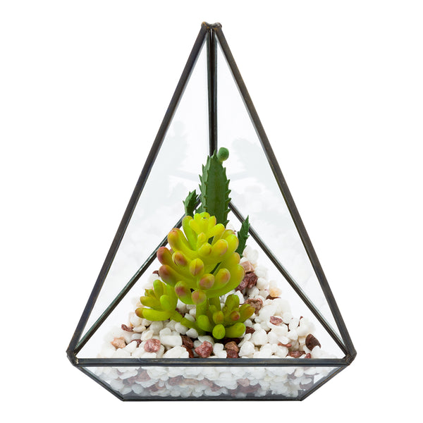 Restaurantware Plastic Table Art Faux Succulent Arrangement - Triangular Glass Terrarium Black - 8 1/2" X 5" X 3 1/2" - 1 Count Box
