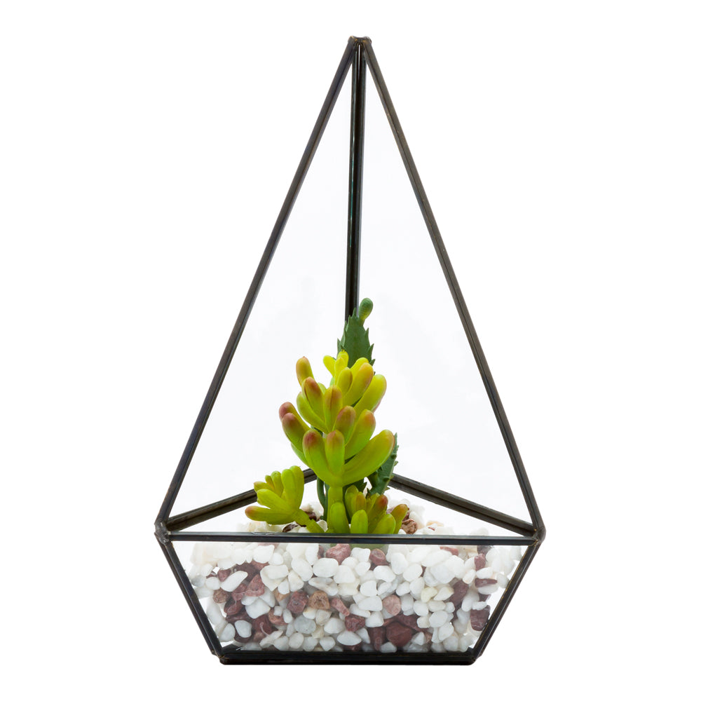 restaurantware Plastic Table Art Faux Succulent Arrangement - Triangular Glass Terrarium Black - 8 1/2" x 5" x 3 1/2" - 1 count box