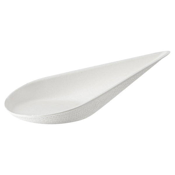Restaurantware Pulp Safe No PFAS Added Teardrop White Sugarcane / Bagasse Tasting Spoon - Home Compostable - 4 1/4" X 2" X 1 1/4" - 100 Count Box