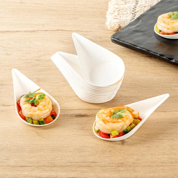 Restaurantware Pulp Safe No PFAS Added Teardrop White Sugarcane / Bagasse Tasting Spoon - Home Compostable - 4 1/4" X 2" X 1 1/4" - 100 Count Box