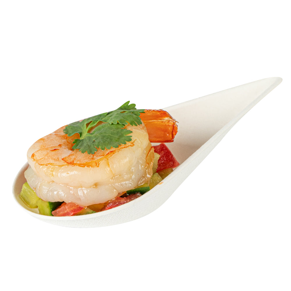 restaurantware Pulp Safe No PFAS Added Teardrop White Sugarcane / Bagasse Tasting Spoon - Home Compostable - 4 1/4" x 2" x 1 1/4" - 100 count box