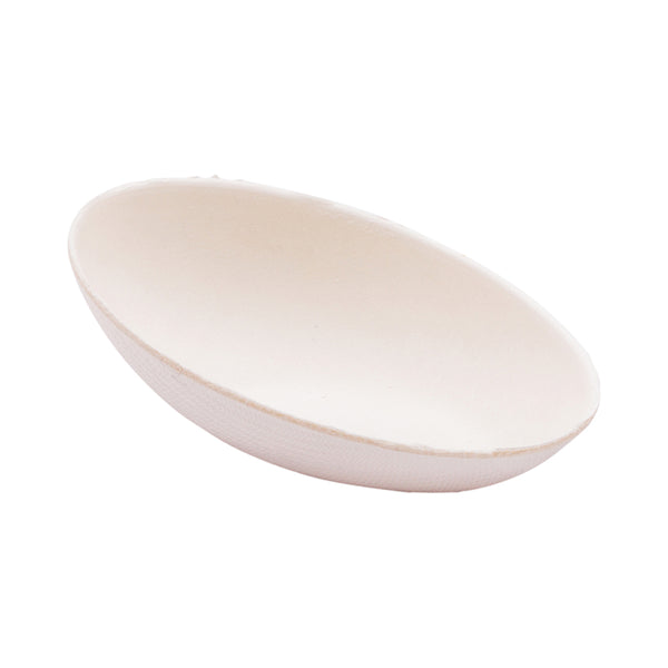 Restaurantware Pulp Tek Egg-Shaped White Sugarcane / Bagasse Tasting Dish - 3 1/4" X 2" X 1" - 100 Count Box