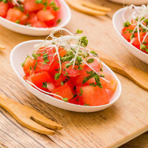 Restaurantware Pulp Tek Egg-Shaped White Sugarcane / Bagasse Tasting Dish - 3 1/4" X 2" X 1" - 100 Count Box