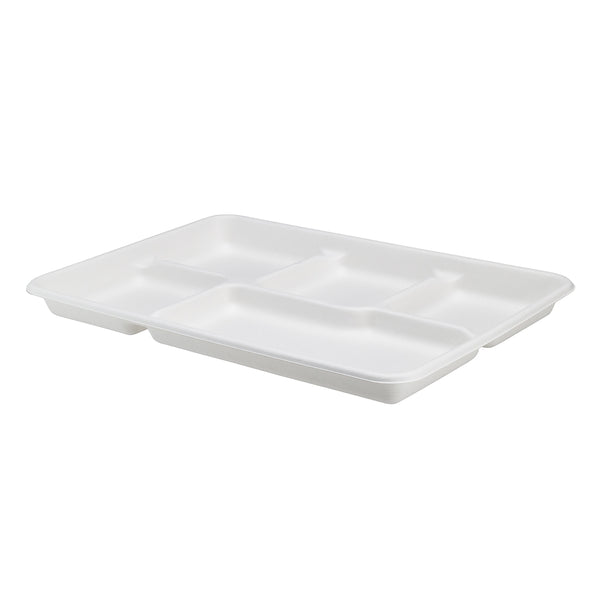 Restaurantware Pulp Tek Rectangle White Sugarcane / Bagasse Large Food Tray - 5 Compartments - 12 1/2" X 8 1/2" X 1" - 100 Count Box