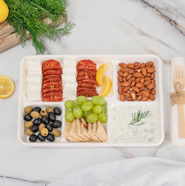 Restaurantware Pulp Tek Rectangle White Sugarcane / Bagasse Large Food Tray - 5 Compartments - 12 1/2" X 8 1/2" X 1" - 100 Count Box