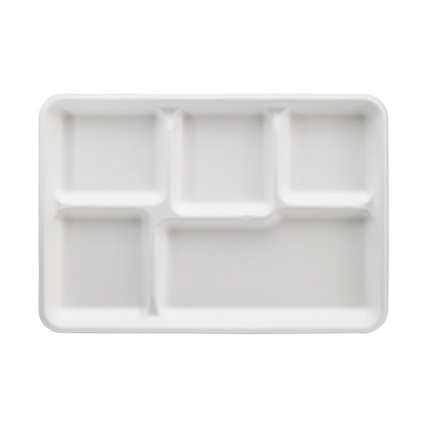 Restaurantware Pulp Tek Rectangle White Sugarcane / Bagasse Large Food Tray - 5 Compartments - 12 1/2" X 8 1/2" X 1" - 100 Count Box