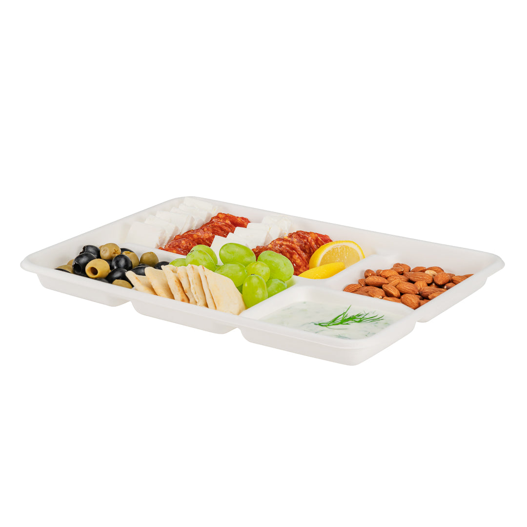 restaurantware Pulp Tek Rectangle White Sugarcane / Bagasse Large Food Tray - 5 Compartments - 12 1/2" x 8 1/2" x 1" - 100 count box