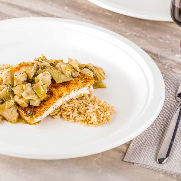 Restaurantware Pulp Tek Round White Sugarcane / Bagasse Extra Large Plate - 11 3/4" X 11 3/4" X 1" - 100 Count Box