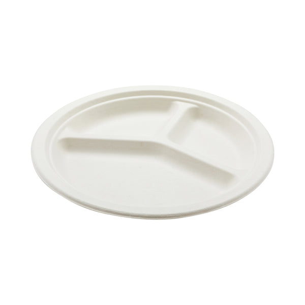 Restaurantware Pulp Tek Round White Sugarcane / Bagasse Plate - 3-Compartment - 10 1/4" X 10 1/4" X 1" - 100 Count Box
