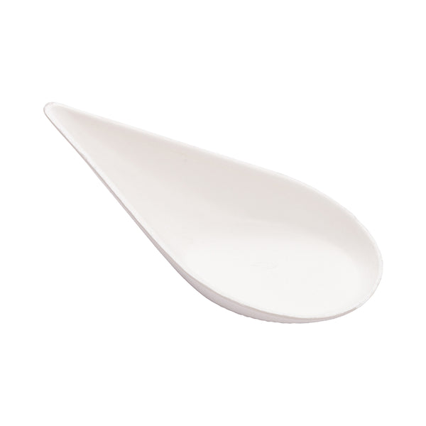 Restaurantware Pulp Tek Teardrop White Sugarcane / Bagasse Tasting Spoon - 4 1/4" X 2" X 1 1/4" - 100 Count Box