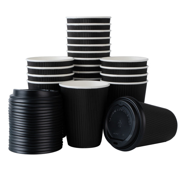 Restaurantware Restpresso 12 Oz Black Paper Ripple Wall Coffee Cup - With Black Lid - 3 1/2" X 3 1/2" X 5" - 200 Count Box