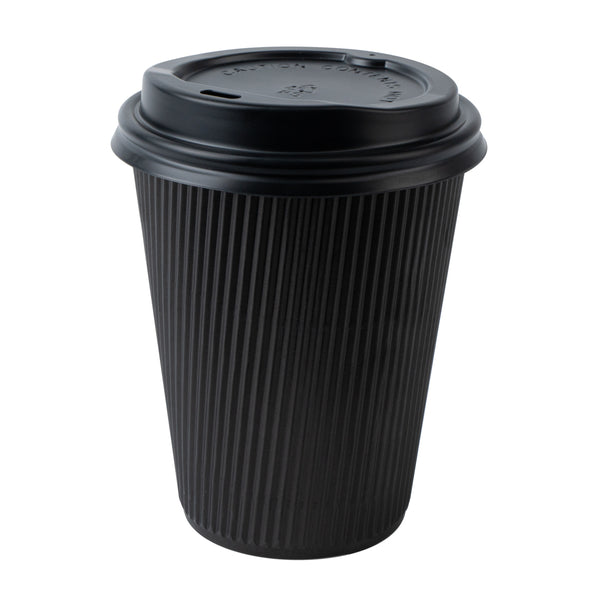 Restaurantware Restpresso 12 Oz Black Paper Ripple Wall Coffee Cup - With Black Lid - 3 1/2" X 3 1/2" X 5" - 200 Count Box
