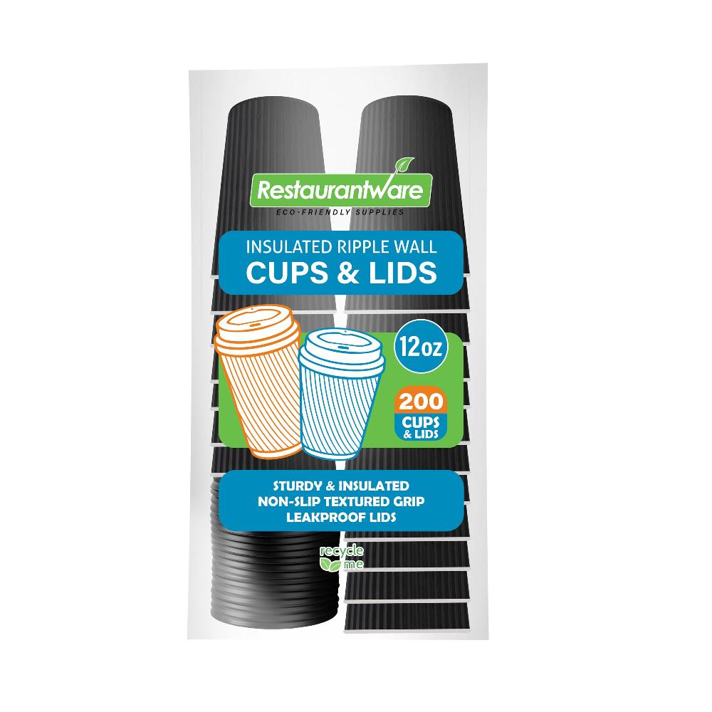 restaurantware Restpresso 12 oz Black Paper Ripple Wall Coffee Cup - with Black Lid - 3 1/2" x 3 1/2" x 5" - 200 count box