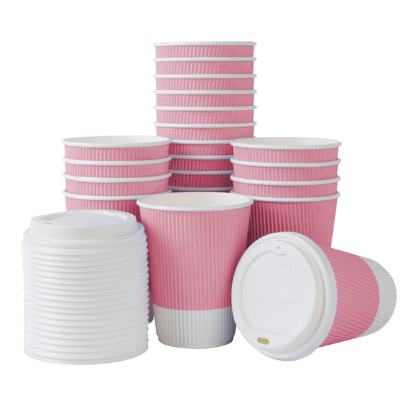 Restaurantware Restpresso 12 Oz Light Pink Paper Ripple Wall Coffee Cup - With White Lid - 3 1/2" X 3 1/2" X 5" - 200 Count Box