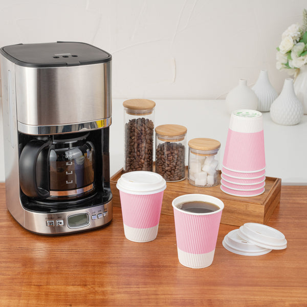 Restaurantware Restpresso 12 Oz Light Pink Paper Ripple Wall Coffee Cup - With White Lid - 3 1/2" X 3 1/2" X 5" - 200 Count Box