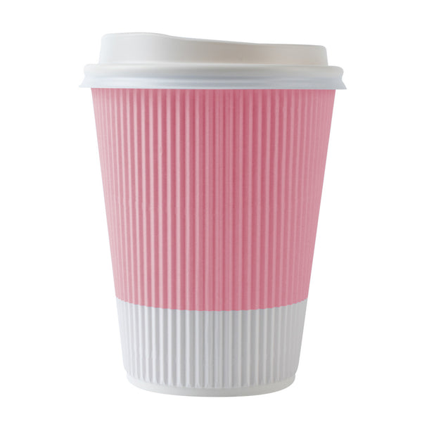 Restaurantware Restpresso 12 Oz Light Pink Paper Ripple Wall Coffee Cup - With White Lid - 3 1/2" X 3 1/2" X 5" - 200 Count Box