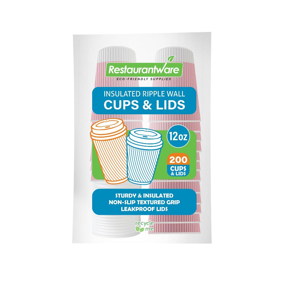 restaurantware Restpresso 12 oz Light Pink Paper Ripple Wall Coffee Cup - with White Lid - 3 1/2" x 3 1/2" x 5" - 200 count box