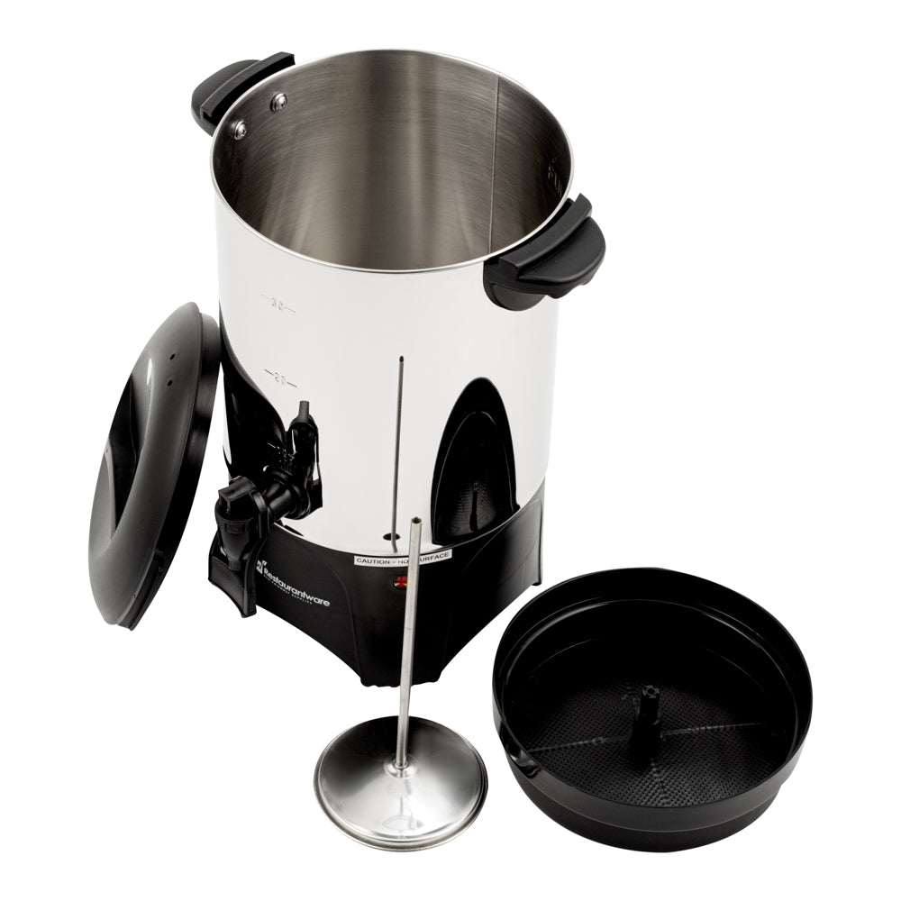 restaurantware Restpresso 150 oz Silver 13/0 Stainless Steel Coffee Urn - 1000W 30 Cup - 7 1/2" x 7 1/2" x 13 1/2" - 1 count box