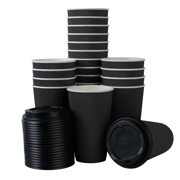 Restaurantware Restpresso 16 Oz Black Paper Ripple Wall Coffee Cup - With Black Lid - 3 1/2" X 3 1/2" X 6 1/4" - 200 Count Box
