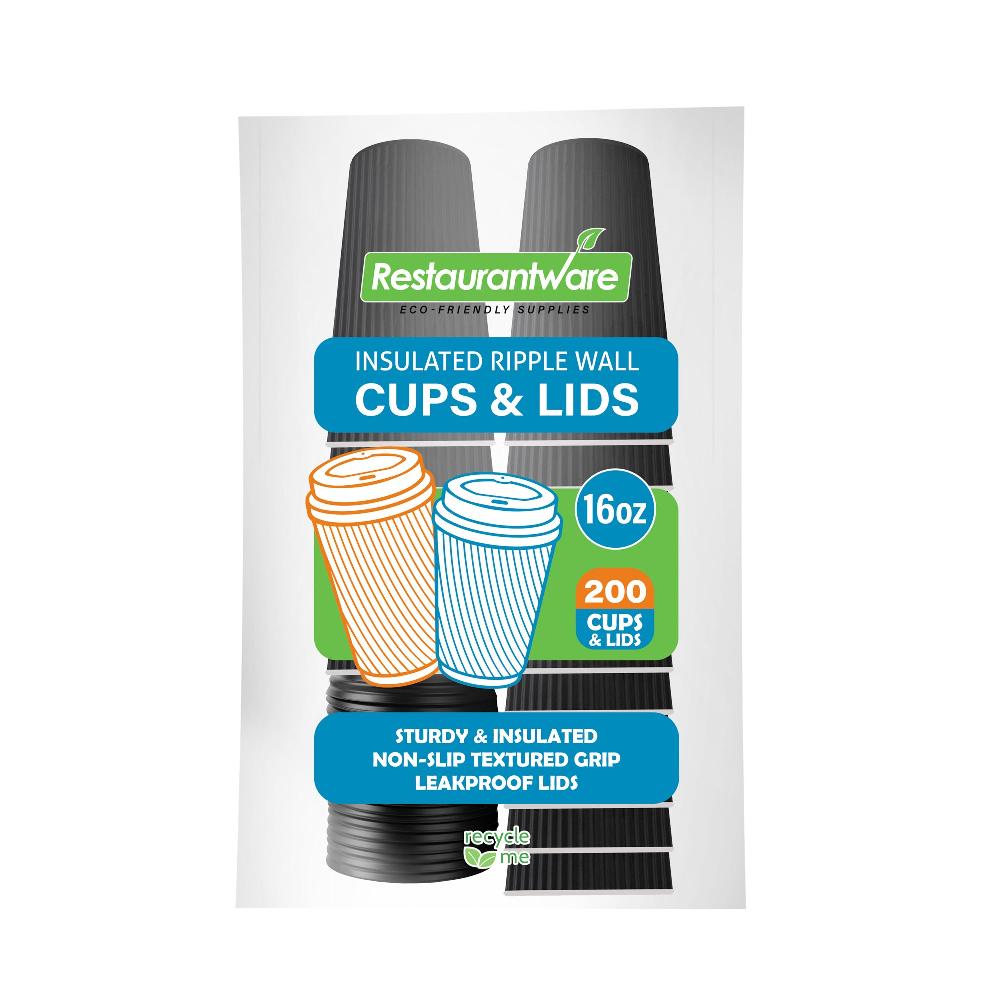 restaurantware Restpresso 16 oz Black Paper Ripple Wall Coffee Cup - with Black Lid - 3 1/2" x 3 1/2" x 6 1/4" - 200 count box