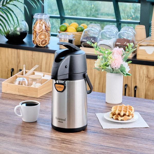 Restaurantware Restpresso 2.2L Vacuum Insulated Airpot Coffee Dispenser - Pump Lever 12 Hr Heat Retention With Hanging Tag And Decals - 1 Count Box