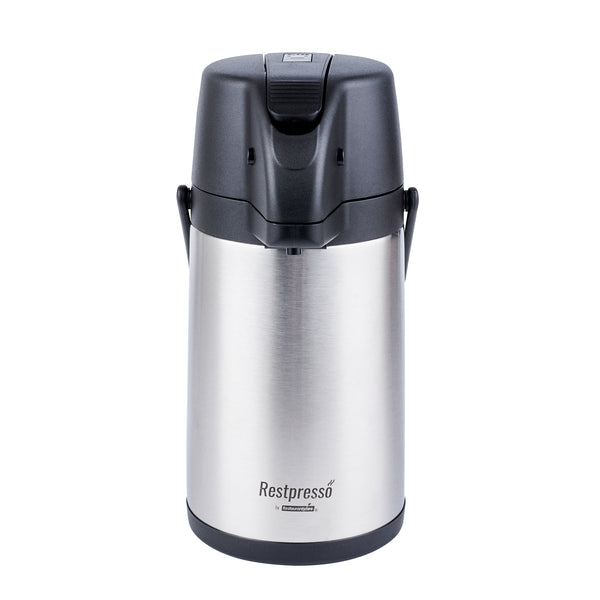 Restaurantware Restpresso 2.2L Vacuum Insulated Airpot Coffee Dispenser - Pump Lever 12 Hr Heat Retention With Hanging Tag And Decals - 1 Count Box