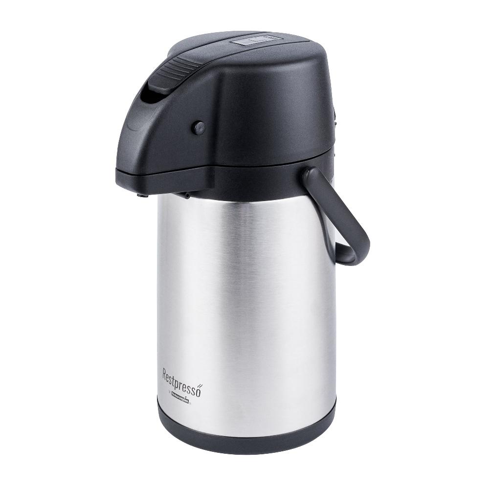 restaurantware Restpresso 2.2L Vacuum Insulated Airpot Coffee Dispenser - Pump Lever 12 hr Heat Retention with Hanging Tag and Decals - 1 count box