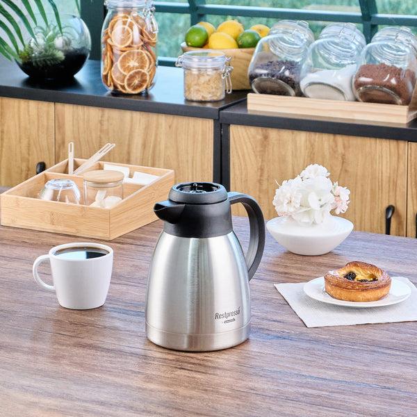Restaurantware Restpresso 34 Oz Insulated Coffee Carafe / Server - With Regular And Decaf Brew Thru Lids - 7 3/4" X 5 1/2" X 7" - 1 Count Box