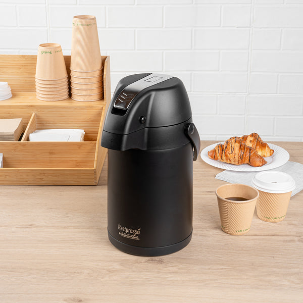 Restaurantware Restpresso 3L Black Vacuum Insulated Airpot Coffee Dispenser - Pump Lever 12 Hr Heat Retention - 1 Count Box