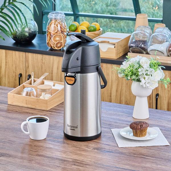 Restaurantware Restpresso 3L Vacuum Insulated Airpot Coffee Dispenser - Pump Lever 12 Hr Heat Retention With Hanging Tag And Decals - 1 Count Box