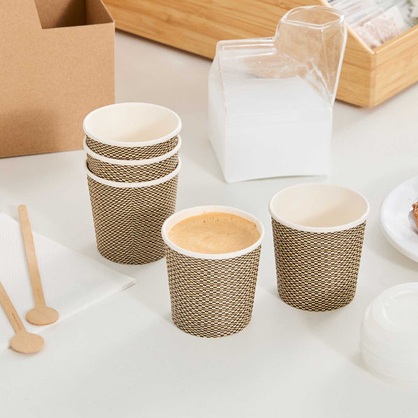 Restaurantware Restpresso 4 Oz Mocha Pin Check Paper Coffee Cup - Spiral Wall - 2 1/2" X 2 1/2" X 2 1/4" - 500 Count Box