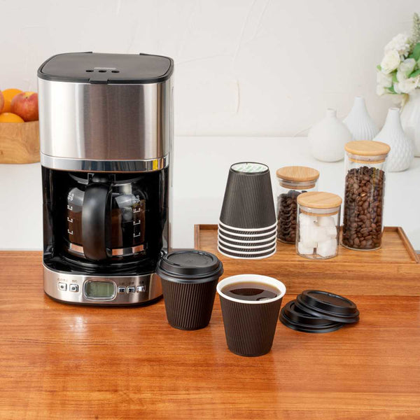 Restaurantware Restpresso 8 Oz Round Black Paper Coffee Cup - Ripple Wall - 3 1/2" X 3 1/2" X 3 1/4" - 500 Count Box