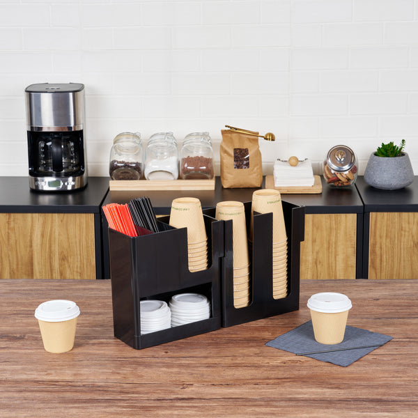 Restaurantware Restpresso Black Plastic Coffee Cup / Lid / Napkin Organizer - 6 Section - 17 1/4" X 4 1/4" X 9 3/4" - 1 Count Box