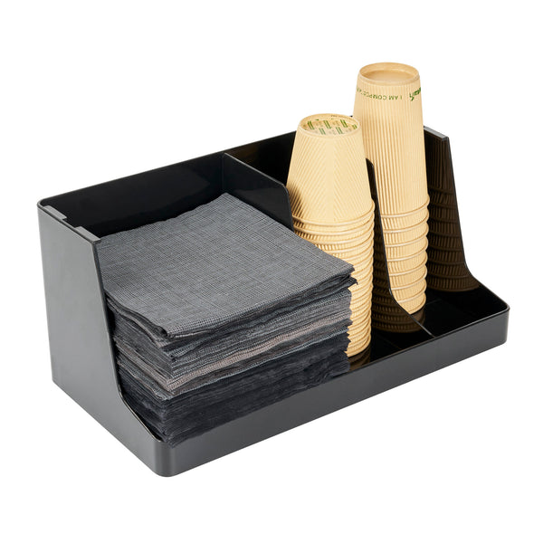 Restaurantware Restpresso Black Plastic Coffee Cup / Lid / Napkin Organizer - 3 Section - 16 1/4" X 8 1/4" X 7" - 1 Count Box