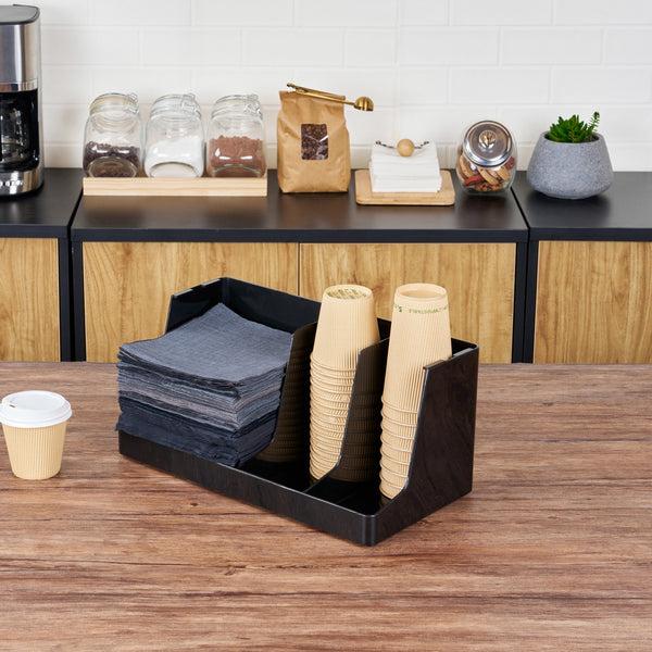 Restaurantware Restpresso Black Plastic Coffee Cup / Lid / Napkin Organizer - 3 Section - 16 1/4" X 8 1/4" X 7" - 1 Count Box